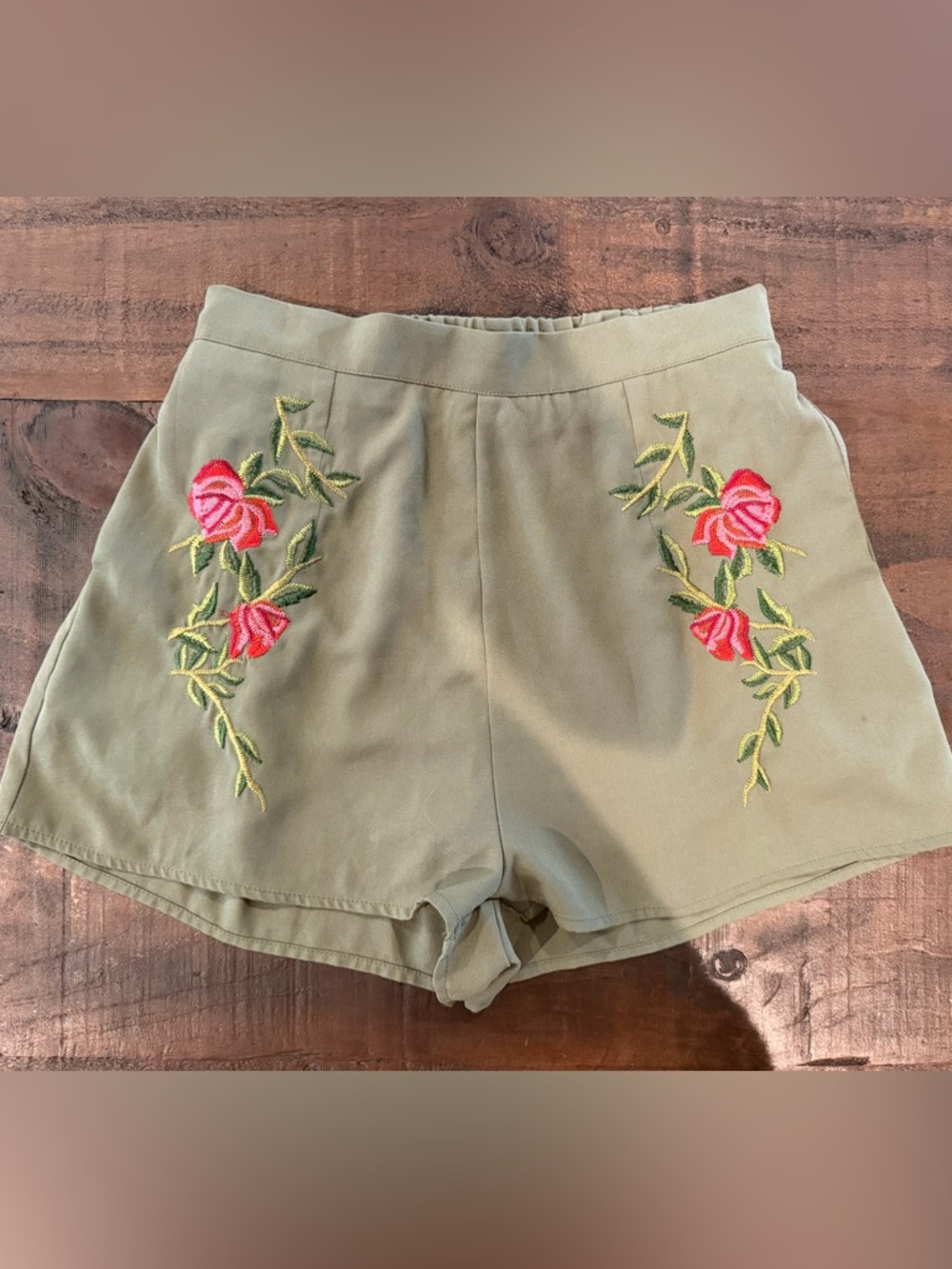 Entro Olive Green High Waist Shorts with Pink Rose Embroidery